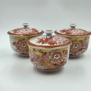 Kutani Peacock & Peony Lidded Tea Cups Set (3) from the Meiji Period